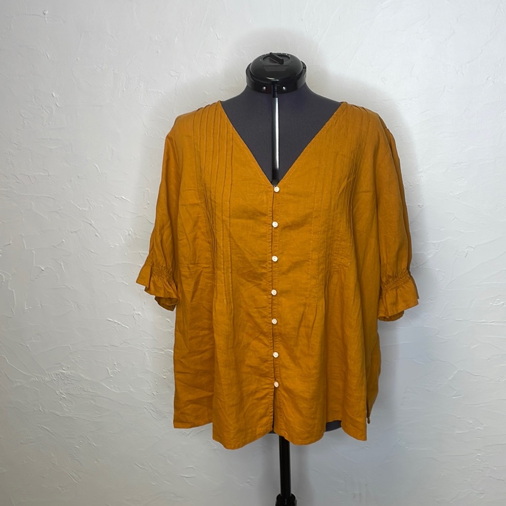 Old Navy Orange Button Up Pleated Puff Sleeve Blouse Linen Blend
